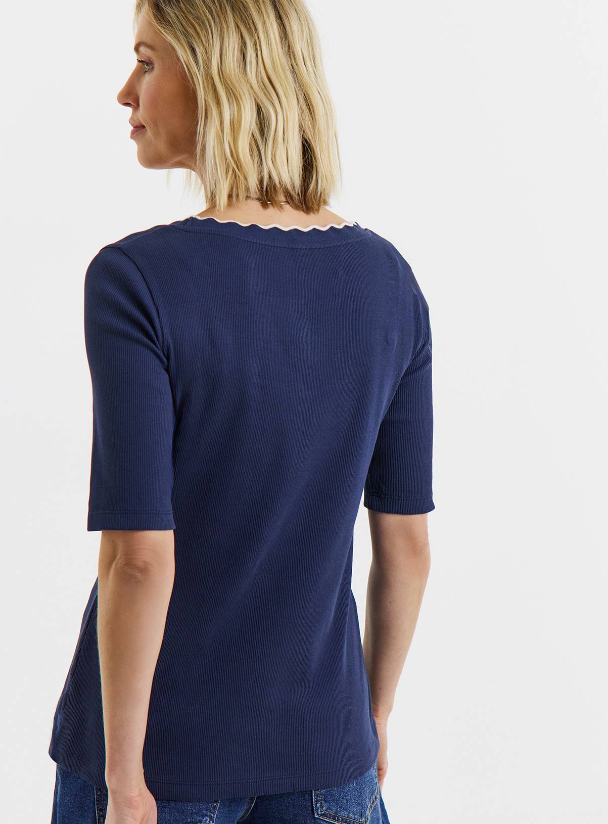 JD WILLIAMS Contrast Scallop Scoop Top Navy 12 - Image 2